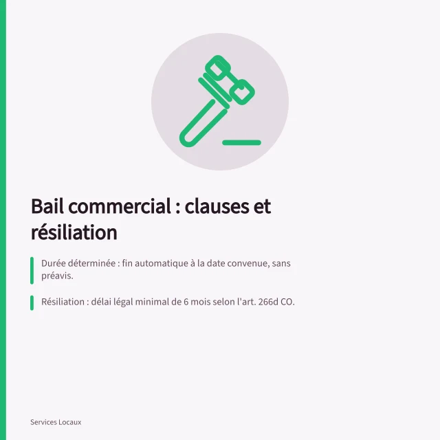 Bail commercial : clauses et résiliation: Durée déterminée : fin automatique à la date convenue, sans préavis.; Résiliation : délai légal minimal de 6 mois selon l'art. 266d CO.; Sûretés : pas de plafond légal, contrairement au bail d'habitation. Bail commercial : clauses, durée et résiliation selon le Code des obligations