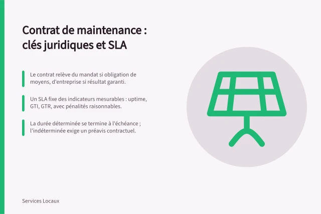 Contrat de maintenance : clés juridiques et SLA: Le contrat relève du mandat si obligation de moyens, d'entreprise si résultat garanti.; Un SLA fixe des indicateurs mesurables : uptime, GTI, GTR, avec pénalités raisonnables.; La durée déterminée se termine à l'échéance ; l'indéterminée exige un préavis contractuel. Contrat de maintenance : durée, résiliation, niveaux de service