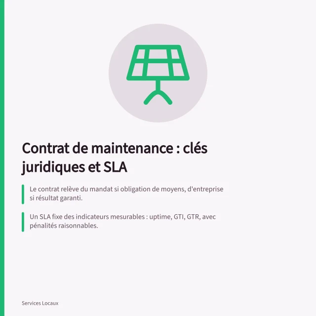 Contrat de maintenance : clés juridiques et SLA: Le contrat relève du mandat si obligation de moyens, d'entreprise si résultat garanti.; Un SLA fixe des indicateurs mesurables : uptime, GTI, GTR, avec pénalités raisonnables.; La durée déterminée se termine à l'échéance ; l'indéterminée exige un préavis contractuel. Contrat de maintenance : durée, résiliation, niveaux de service