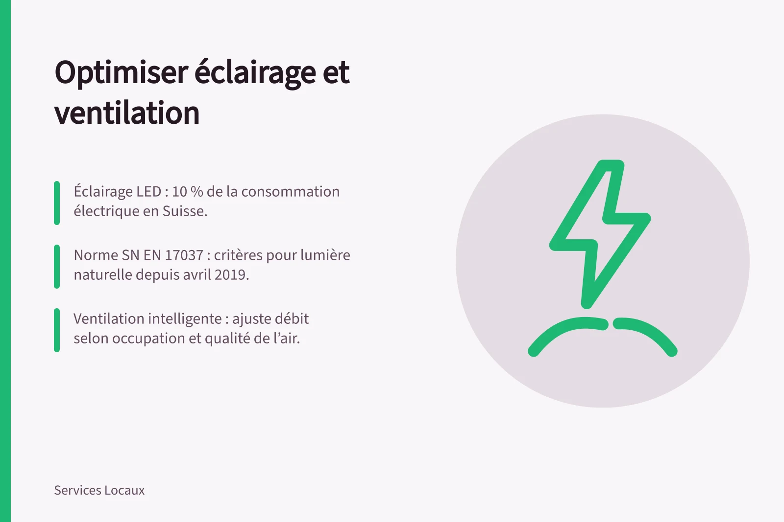 Optimiser éclairage et ventilation: Éclairage LED : 10 % de la consommation électrique en Suisse.; Norme SN EN 17037 : critères pour lumière naturelle depuis avril 2019.; Ventilation intelligente : ajuste débit selon occupation et qualité de l’air.