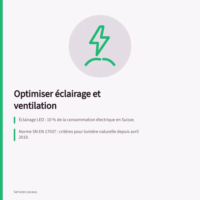 Optimiser éclairage et ventilation: Éclairage LED : 10 % de la consommation électrique en Suisse.; Norme SN EN 17037 : critères pour lumière naturelle depuis avril 2019.; Ventilation intelligente : ajuste débit selon occupation et qualité de l’air. Optimiser l’éclairage et la ventilation d’un local commercial