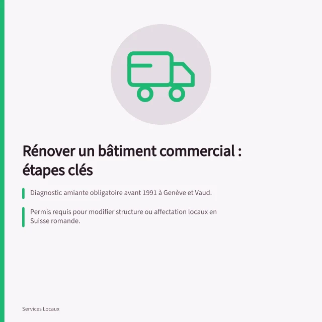 Rénover un bâtiment commercial : étapes clés: Diagnostic amiante obligatoire avant 1991 à Genève et Vaud.; Permis requis pour modifier structure ou affectation locaux en Suisse romande.; Subventions cantonales disponibles pour isolation et énergies renouvelables. Rénover un bâtiment commercial : étapes, autorisations et diagnostics