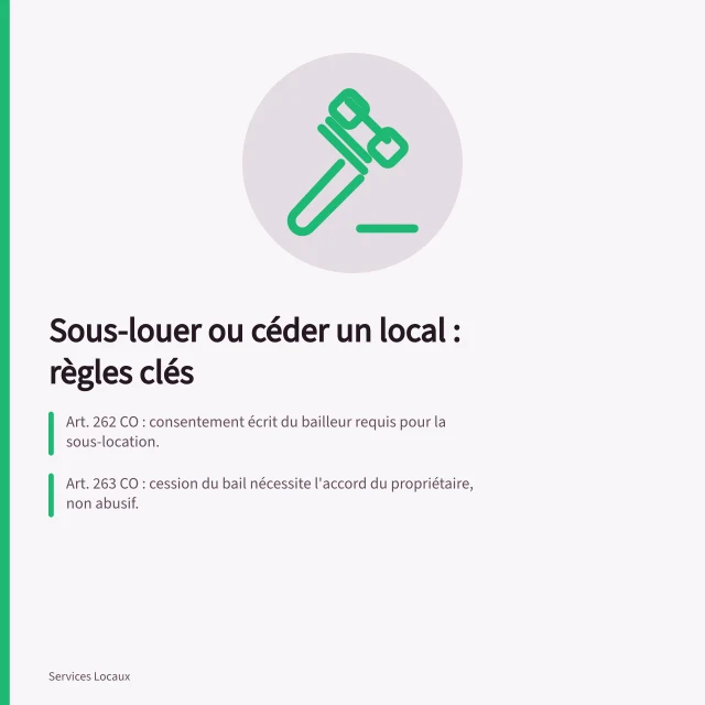 Sous-louer ou céder un local : règles clés: Art. 262 CO : consentement écrit du bailleur requis pour la sous-location.; Art. 263 CO : cession du bail nécessite l'accord du propriétaire, non abusif.; Arrêt TF 4A_30/2020 : refus injustifié = perte de valeur du fonds (21 077 CHF vs 150 000 CHF). Sous-louer ou céder un local commercial : conditions et démarches