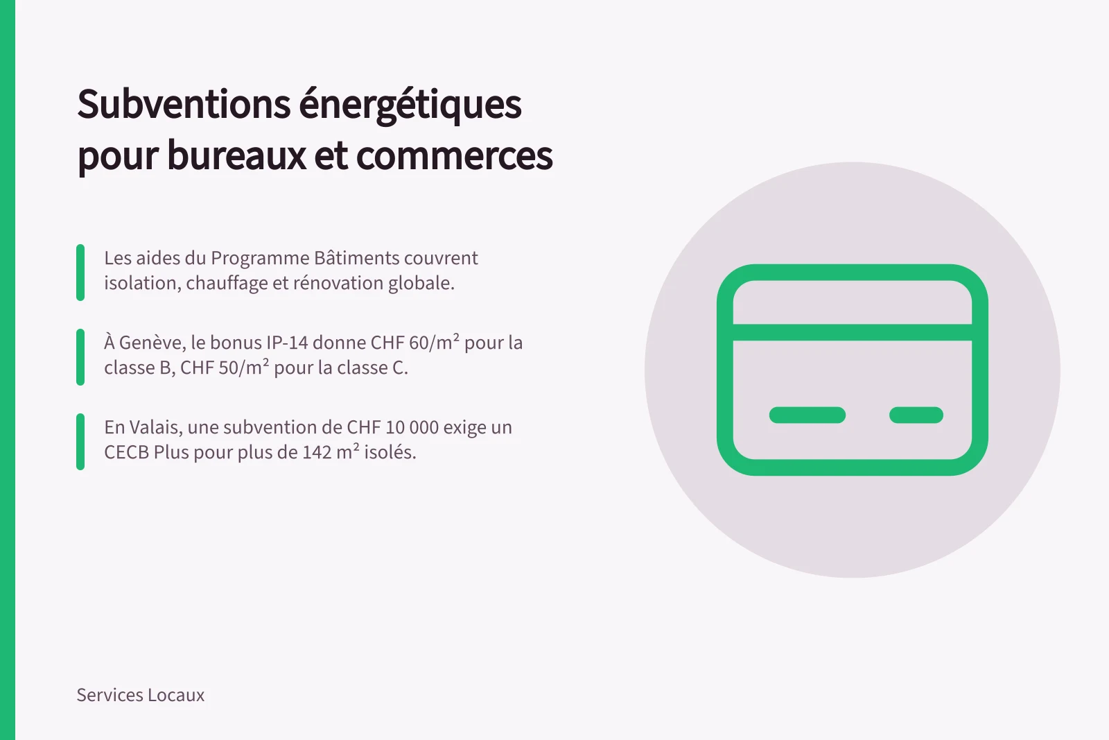 Subventions énergétiques pour bureaux et commerces: Les aides du Programme Bâtiments couvrent isolation, chauffage et rénovation globale.; À Genève, le bonus IP-14 donne CHF 60/m² pour la classe B, CHF 50/m² pour la classe C.; En Valais, une subvention de CHF 10 000 exige un CECB Plus pour plus de 142 m² isolés.
