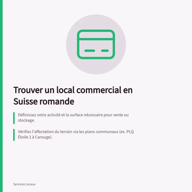 Trouver un local commercial en Suisse romande: Définissez votre activité et la surface nécessaire pour vente ou stockage.; Vérifiez l'affectation du terrain via les plans communaux (ex. PLQ Étoile 2 à Carouge).; Le loyer moyen à Fribourg est de CHF 210/m²/an, soit CHF 2'132/mois. Trouver et évaluer un local commercial en Suisse romande
