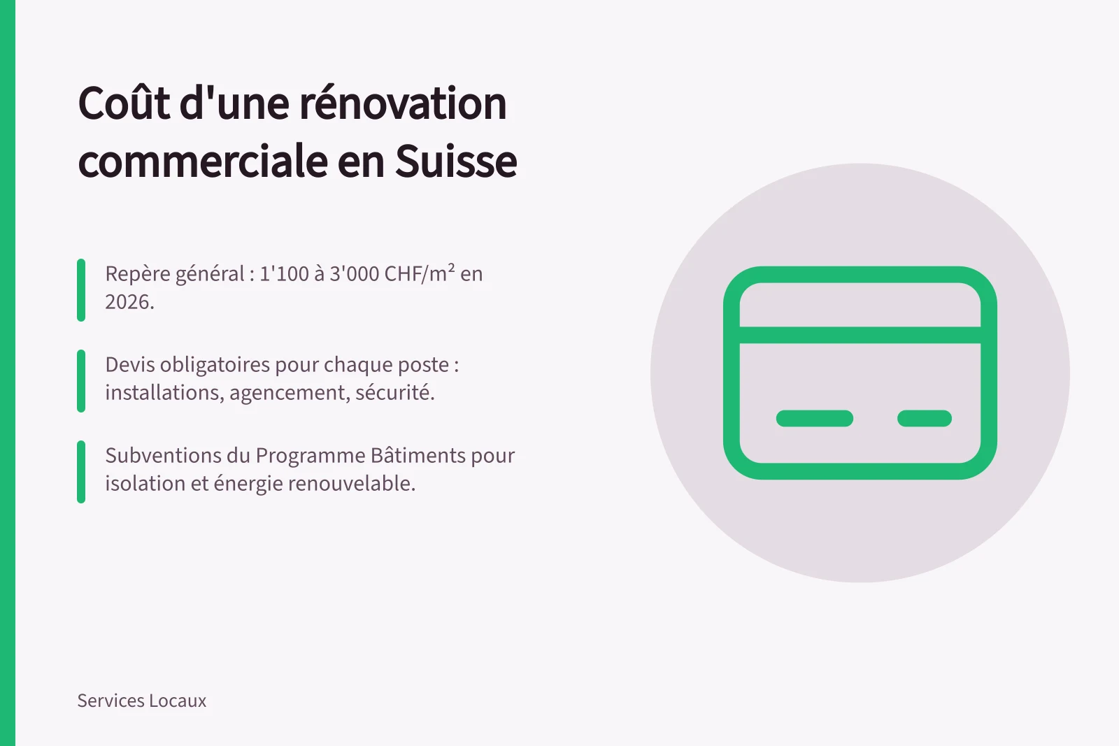 Coût d'une rénovation commerciale en Suisse: Repère général : 1'100 à 3'000 CHF/m² en 2026.; Devis obligatoires pour chaque poste : installations, agencement, sécurité.; Subventions du Programme Bâtiments pour isolation et énergie renouvelable.